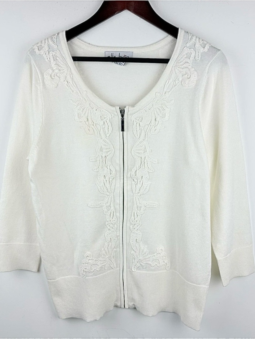 Women’s Vintage Crochet Embroidered Zip Cardigan Sweater Ivory Boho Cottage Sz L